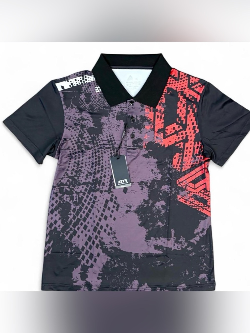 Women’s Ziti Black Golf Polo with Purple and Red Graphic - Picture 1 of 5